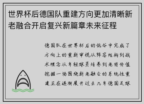 世界杯后德国队重建方向更加清晰新老融合开启复兴新篇章未来征程